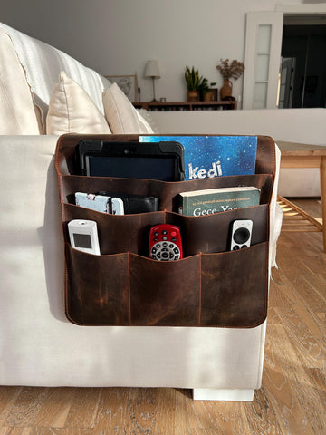 Leather Sofa Armrest Organizer, Handmade Couch & Sofa Caddy with 6 Pockets for Phone, Book, Magazines, Tablet, Remote Controls