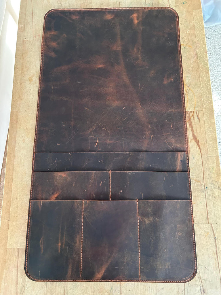 Handmade Leather Sofa Armrest Organizer: Couch Caddy with 6 Pockets for Magazines, Tablets, Remotes