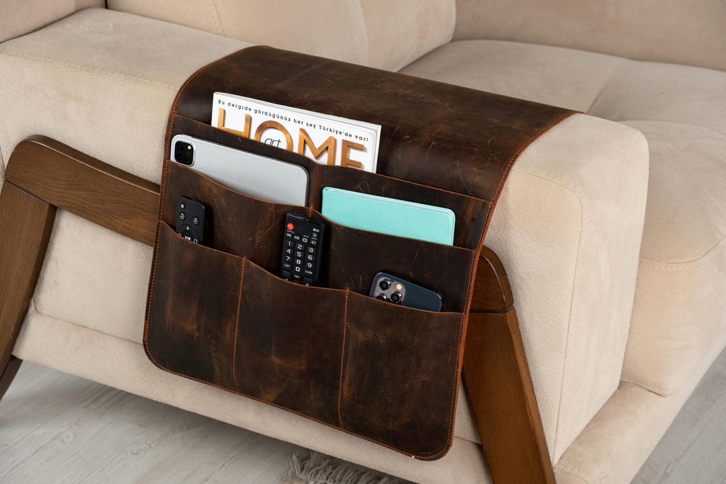 Handmade Leather Sofa Armrest Organizer: Couch Caddy with 6 Pockets for Magazines, Tablets, Remotes