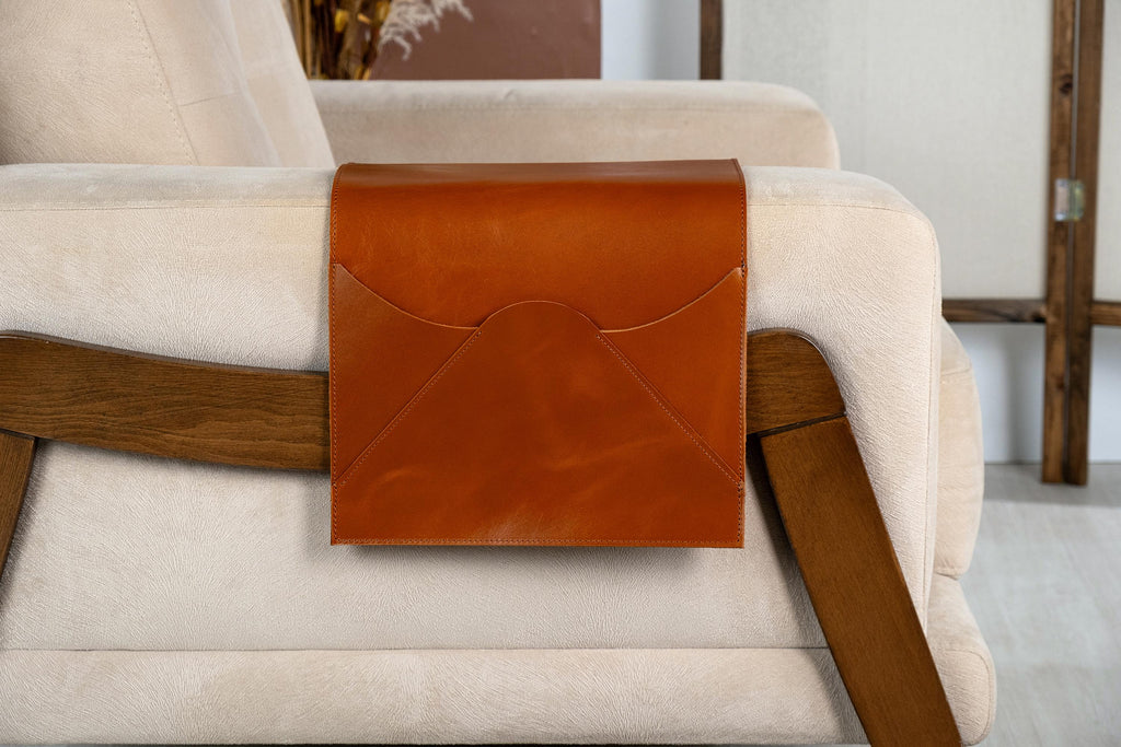 Leather Sofa Armrest Organizer: Handmade Couch Caddy for Laptop, Magazines, Tablets, Remote Controls