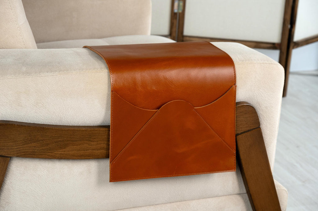 Leather Sofa Armrest Organizer: Handmade Couch Caddy for Laptop, Magazines, Tablets, Remote Controls