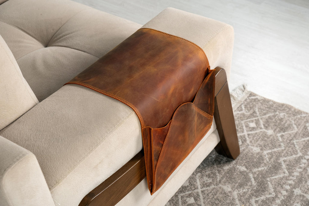 Leather Sofa Armrest Organizer: Handmade Couch Caddy for Laptop, Magazines, Tablets, Remote Controls