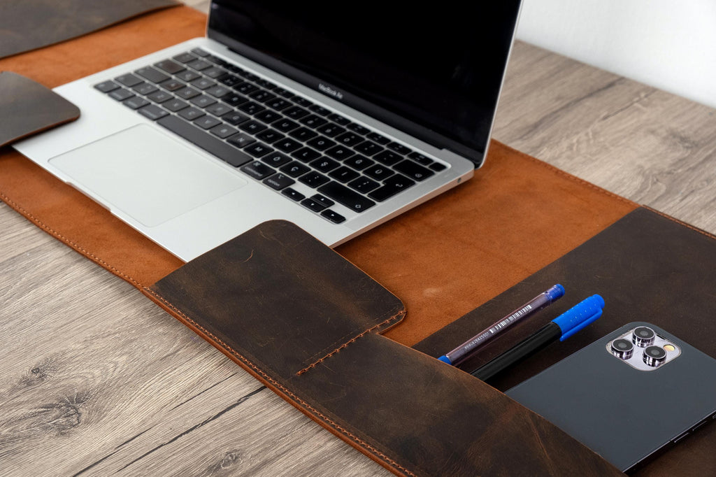 Handmade Leather Laptop Desk Organizer Mat: Full Grain Cowhide Blotter