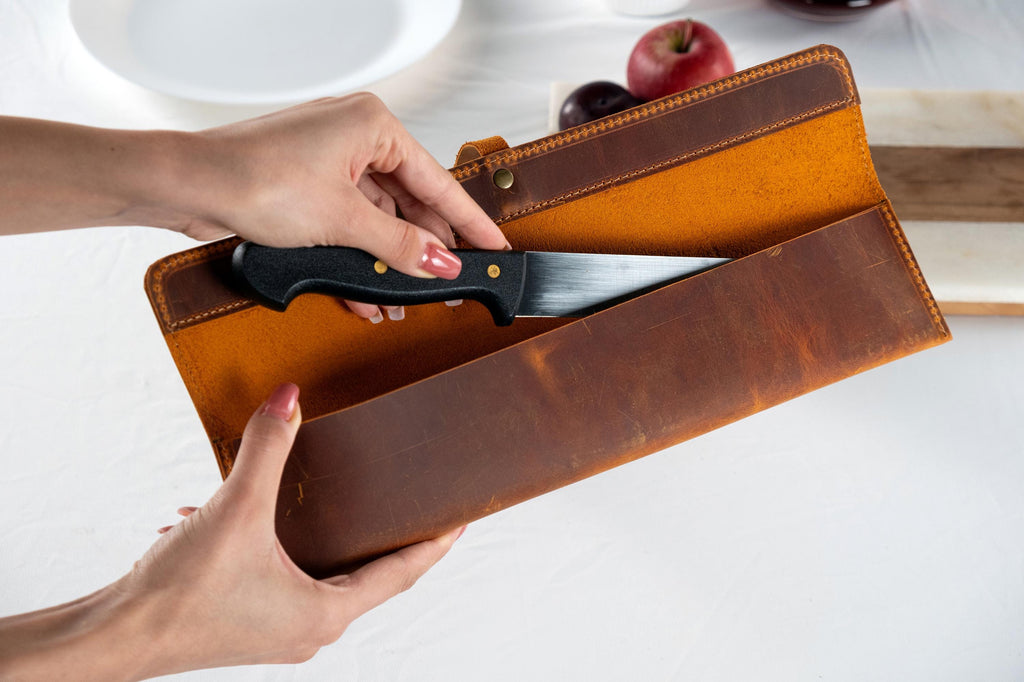 Leather Knife Roll, Handmade Distressed Leather Single Knife Case, Chef Knife Roll, Leather Knife Holder, Chef Knife Bag