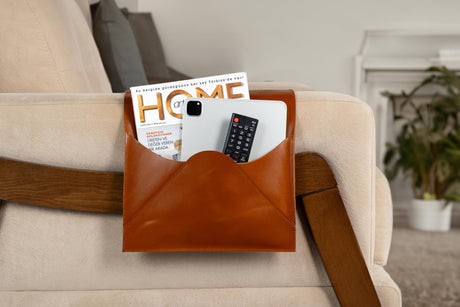 Leather Sofa Armrest Organizer: Handmade Couch Caddy for Laptop, Magazines, Tablets, Remote Controls