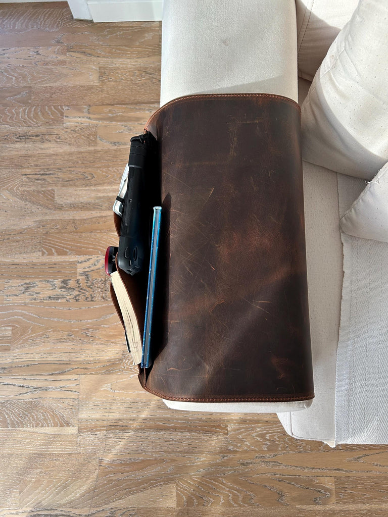 Handmade Leather Sofa Armrest Organizer: Couch Caddy with 6 Pockets for Magazines, Tablets, Remotes