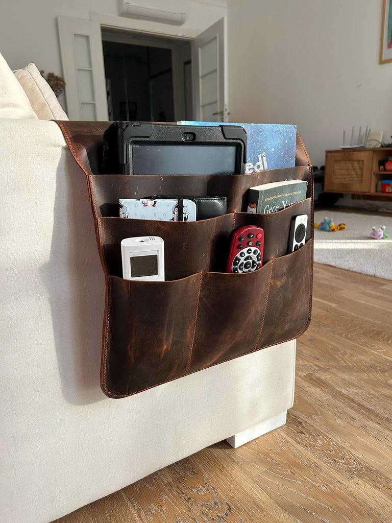 Handmade Leather Sofa Armrest Organizer: Couch Caddy with 6 Pockets for Magazines, Tablets, Remotes
