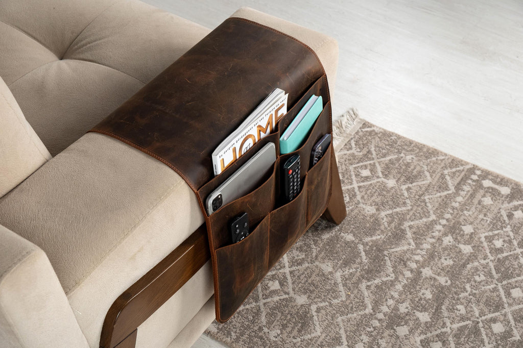 Handmade Leather Sofa Armrest Organizer: Couch Caddy with 6 Pockets for Magazines, Tablets, Remotes