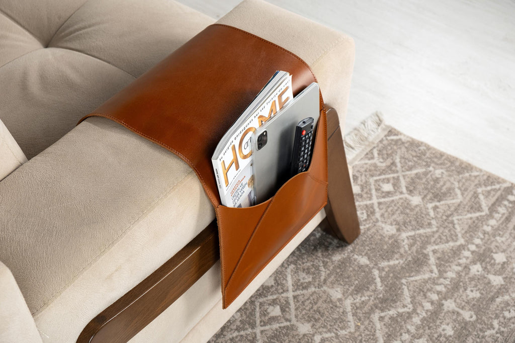 Leather Sofa Armrest Organizer: Handmade Couch Caddy for Laptop, Magazines, Tablets, Remote Controls