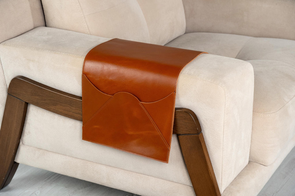 Leather Sofa Armrest Organizer: Handmade Couch Caddy for Laptop, Magazines, Tablets, Remote Controls