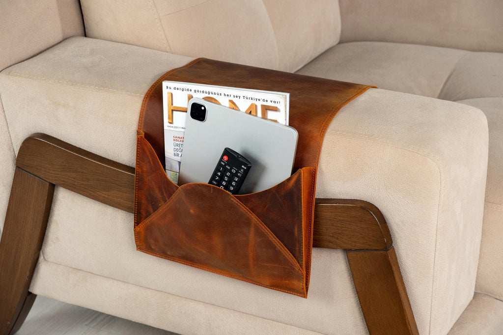 Leather Sofa Armrest Organizer: Handmade Couch Caddy for Laptop, Magazines, Tablets, Remote Controls