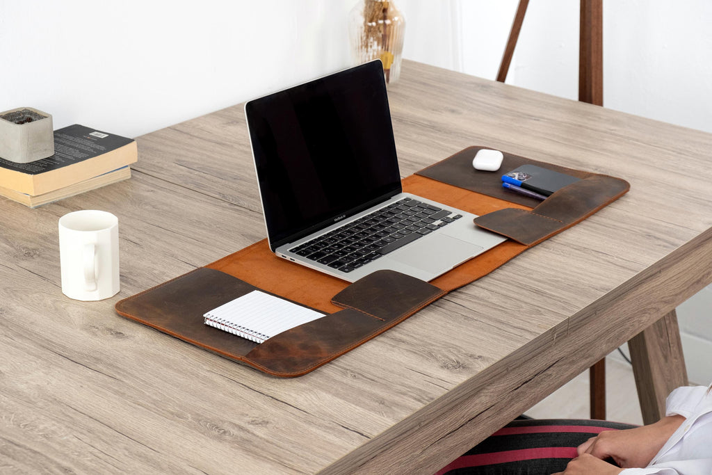 Handmade Leather Laptop Desk Organizer Mat: Full Grain Cowhide Blotter