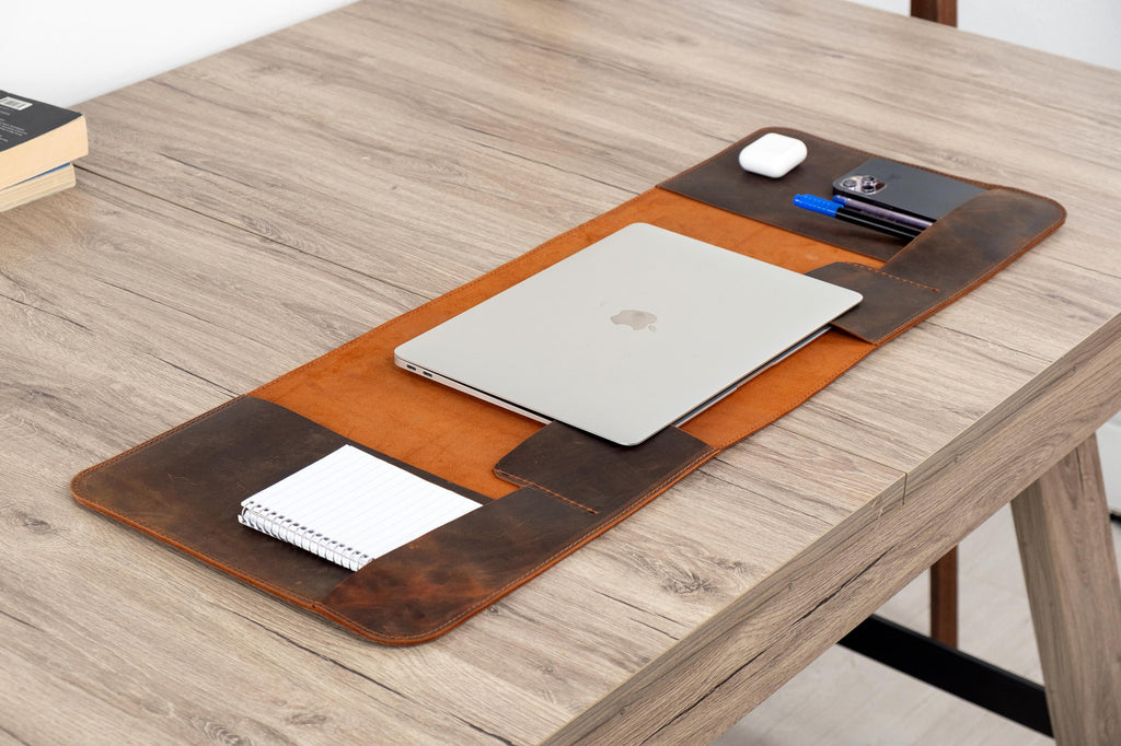 Handmade Leather Laptop Desk Organizer Mat: Full Grain Cowhide Blotter