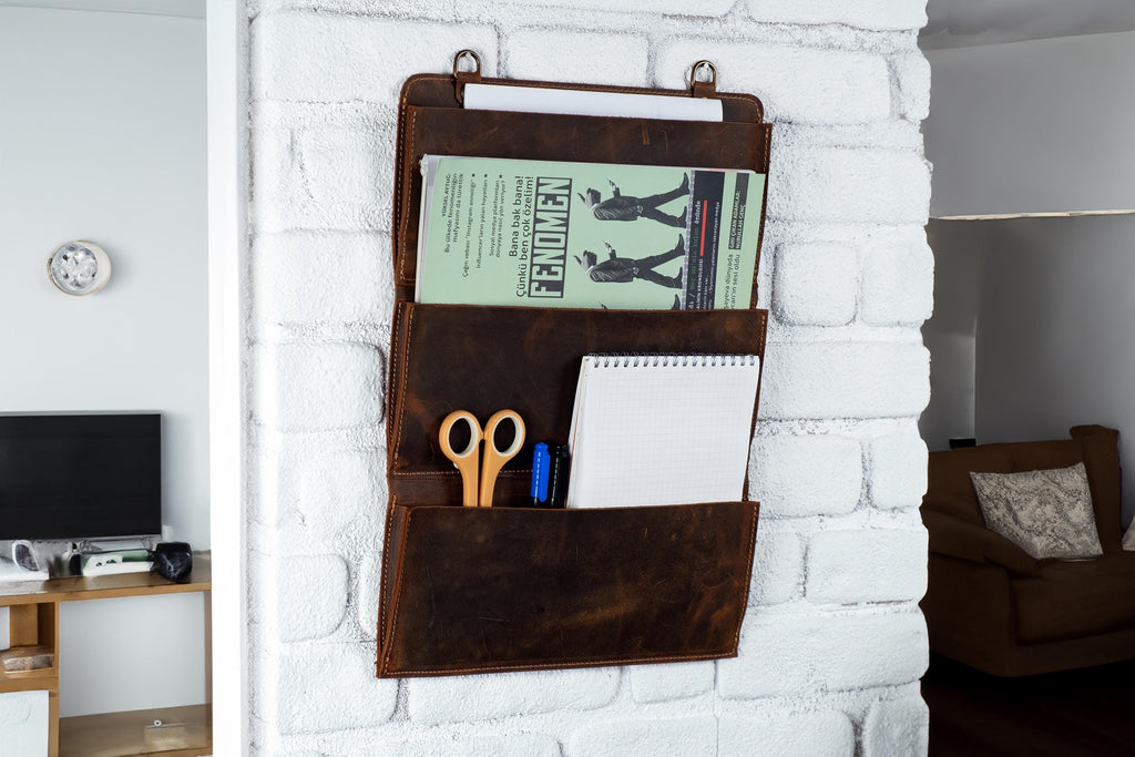 Distressed Leather Wall Organizer, Handmade Wall Rack For Home, Cafe & Office Storage, 4-Pocket Wall Rack