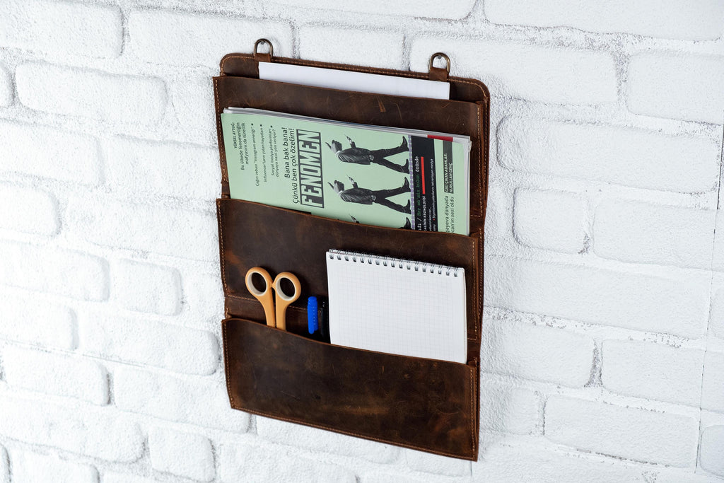 Distressed Leather Wall Organizer, Handmade Wall Rack For Home, Cafe & Office Storage, 4-Pocket Wall Rack