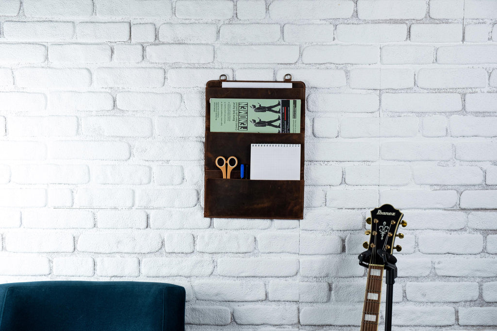 Distressed Leather Wall Organizer, Handmade Wall Rack For Home, Cafe & Office Storage, 4-Pocket Wall Rack