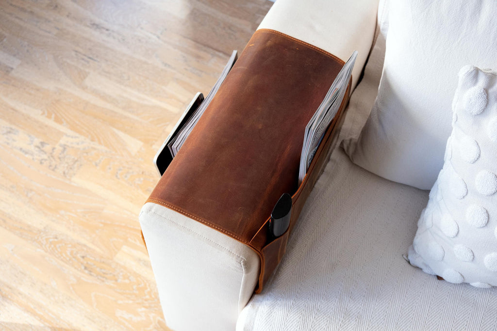 Handmade Leather Sofa Armrest Organizer: Couch Caddy with Pockets