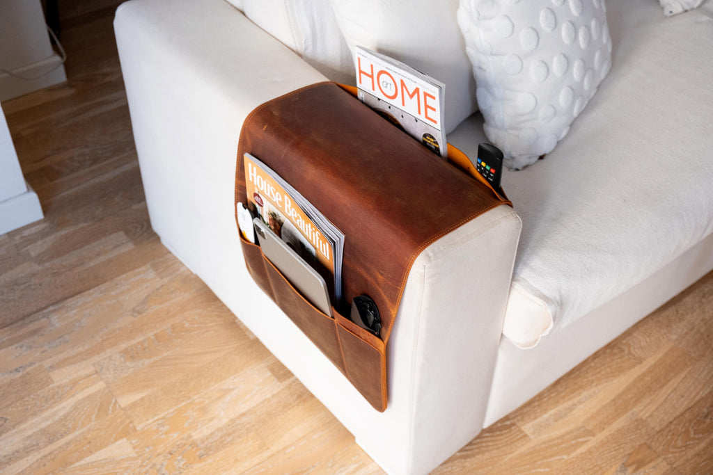 Handmade Leather Sofa Armrest Organizer: Couch Caddy with Pockets