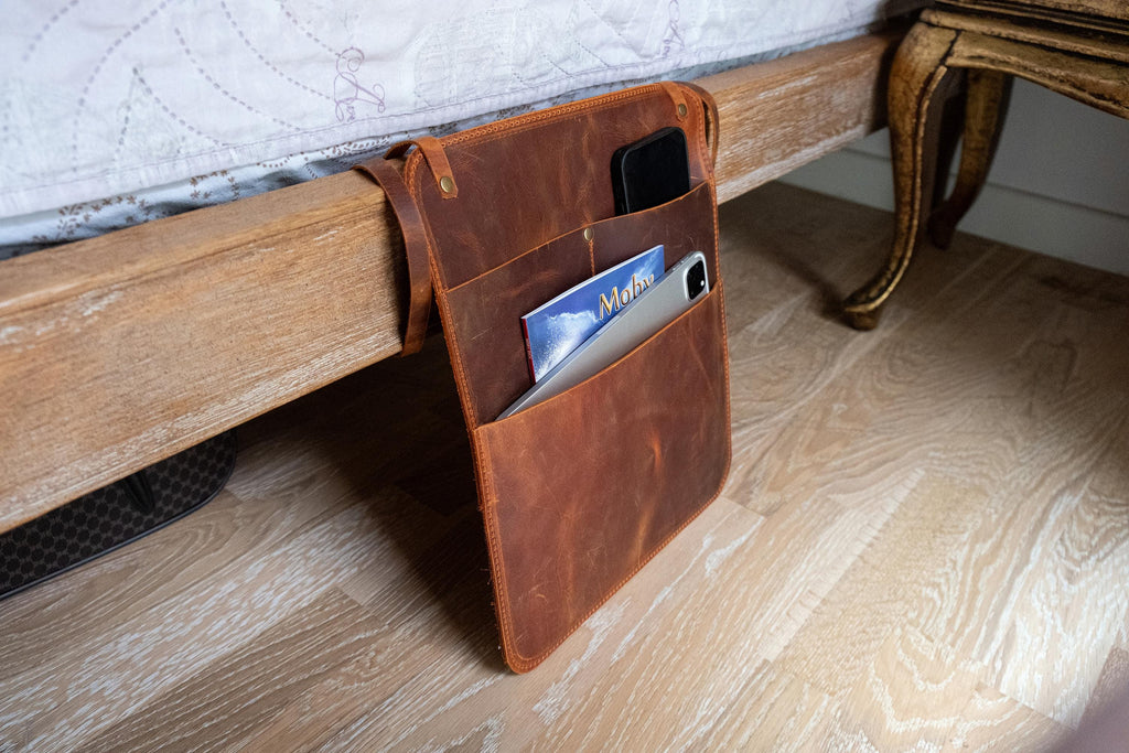 Leather Bedside Storage Organizer, Handmade Bedside Caddy, Couch Armrest