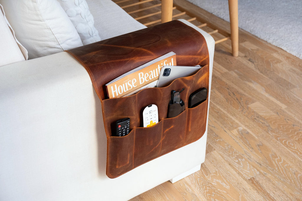 Leather Sofa Armrest Organizer, Handmade Couch & Sofa Caddy with 5 Pockets for Phone, Book, Magazines, Tablet, Remote Controls