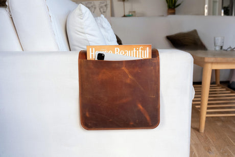 Leather Sofa Armrest Organizer: Handmade Couch Caddy for Laptop, Magazines, Tablets, Remote Controls