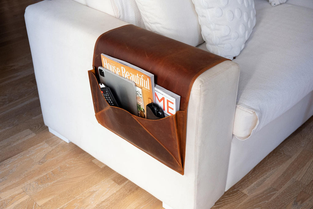 Leather Sofa Armrest Organizer: Handmade Couch Caddy for Laptop, Magazines, Tablets, Remote Controls