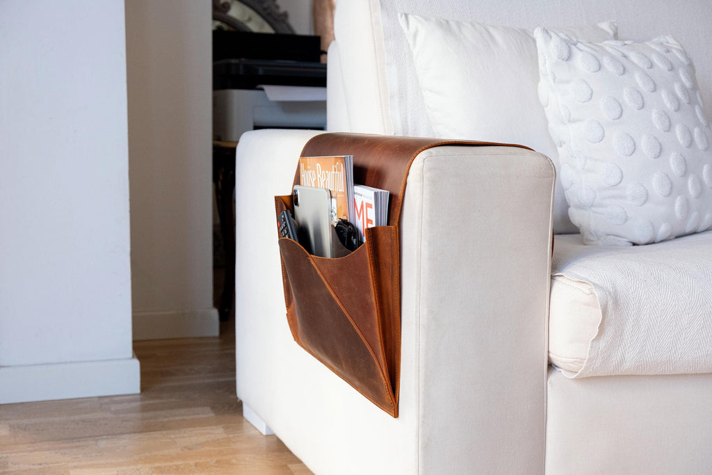 Leather Sofa Armrest Organizer: Handmade Couch Caddy for Laptop, Magazines, Tablets, Remote Controls