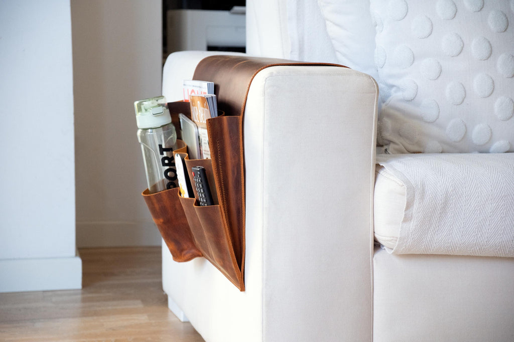 Handmade Leather Sofa Armrest Organizer: Couch Caddy with 5 Pockets for Magazines, Tablets, Remotes