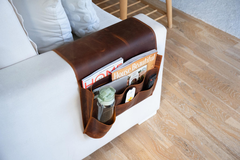 Handmade Leather Sofa Armrest Organizer: Couch Caddy with 5 Pockets for Magazines, Tablets, Remotes
