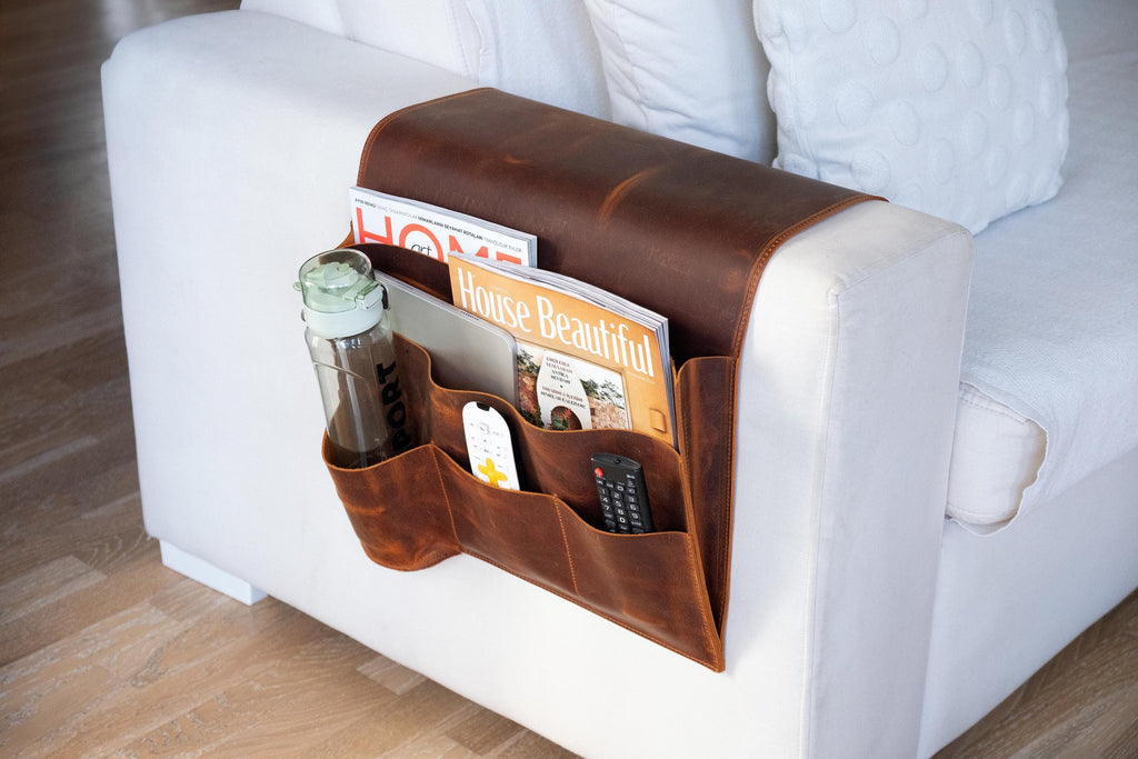 Handmade Leather Sofa Armrest Organizer: Couch Caddy with 5 Pockets for Magazines, Tablets, Remotes