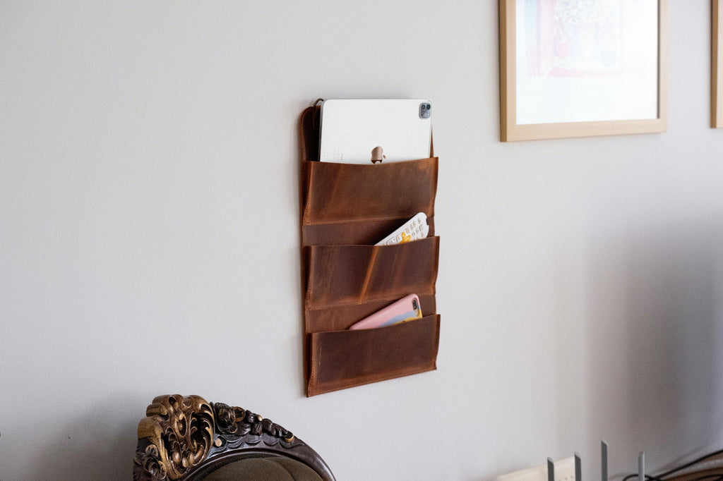 Distressed Leather Wall Organizer, Handmade Wall Rack For Home, Cafe & Office Storage, 4-Pocket Wall Rack