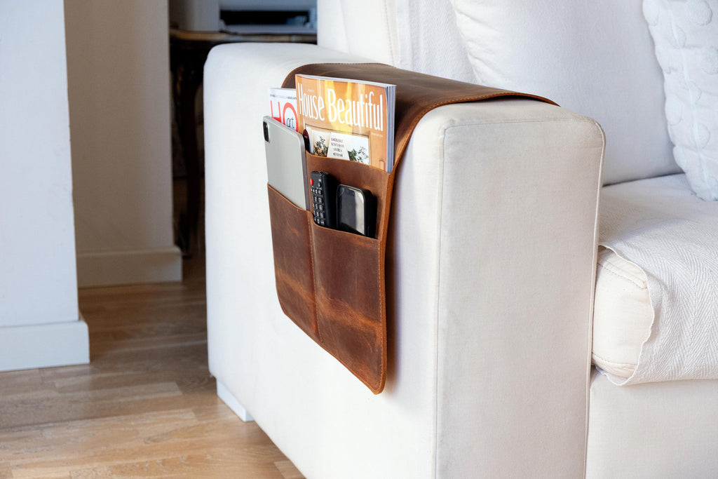 Handmade Leather Sofa Armrest Organizer: Couch Caddy with Pockets