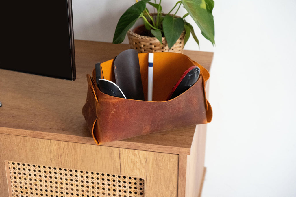 Leather Storage Basket Set: Handmade Organizer Bin Set of 3