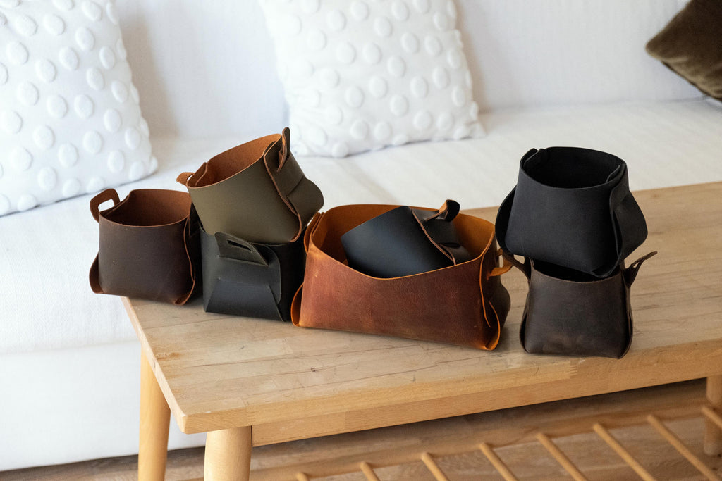 Leather Storage Basket Set of 6: Handmade Organizer Bin Set