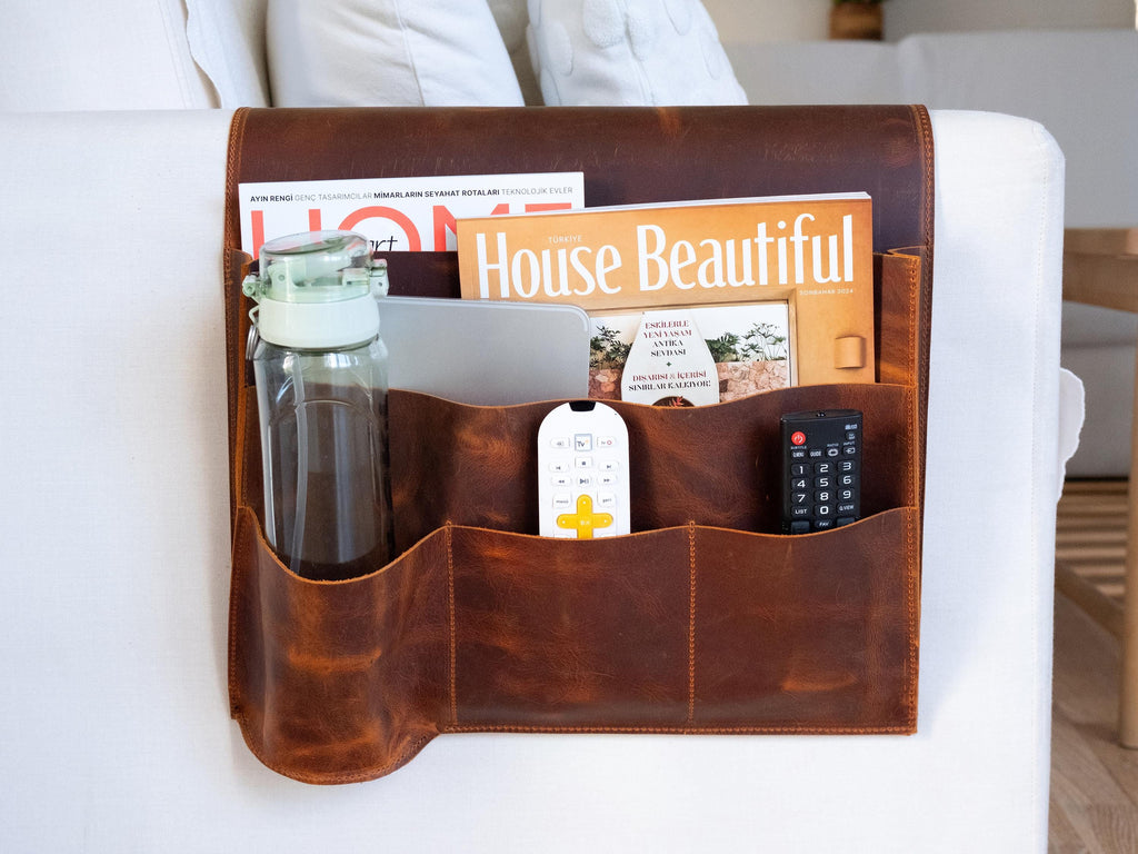 Handmade Leather Sofa Armrest Organizer: Couch Caddy with 5 Pockets for Magazines, Tablets, Remotes