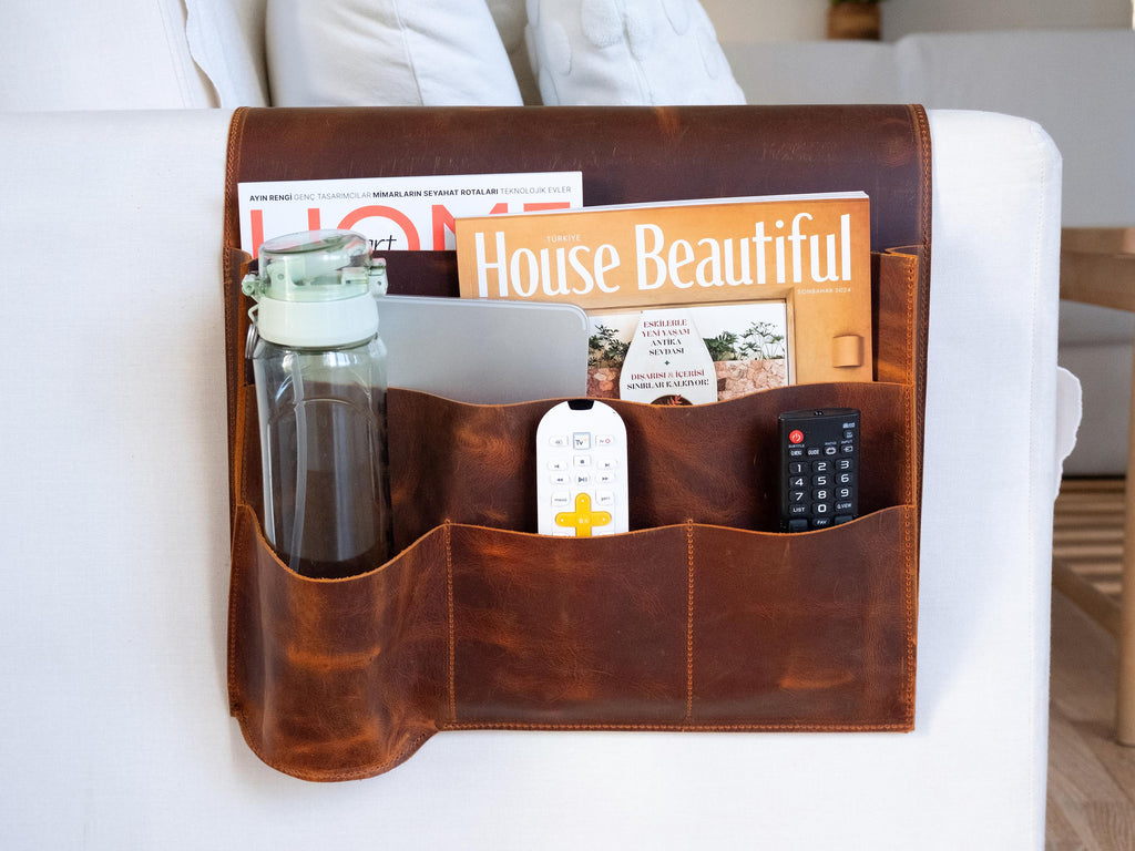 Leather Sofa Armrest Organizer, Handmade Couch & Sofa Caddy with 5 Pockets for Phone, Book, Magazines, Tablet, Remote Controls