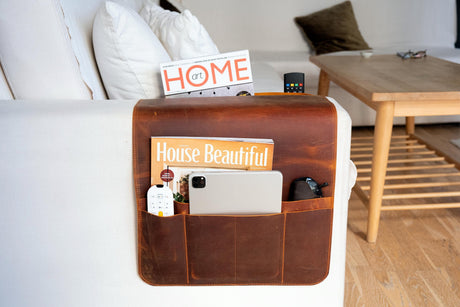Handmade Leather Sofa Armrest Organizer: Couch Caddy with Pockets
