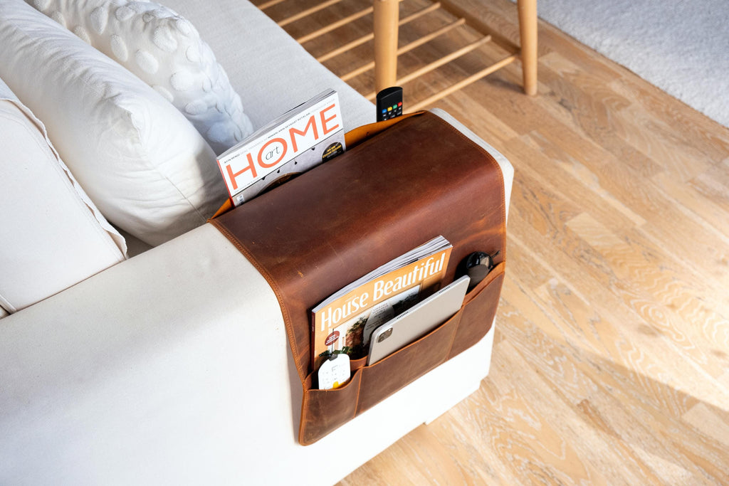 Handmade Leather Sofa Armrest Organizer: Couch Caddy with Pockets