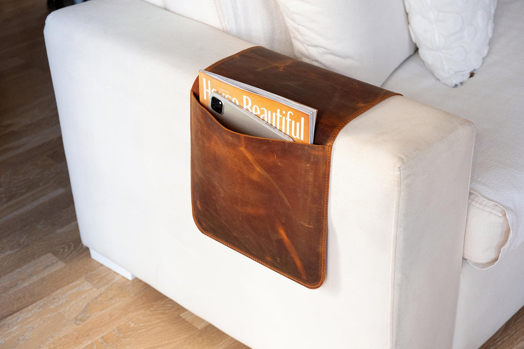 Leather Sofa Armrest Organizer: Handmade Couch Caddy for Laptop, Magazines, Tablets, Remote Controls
