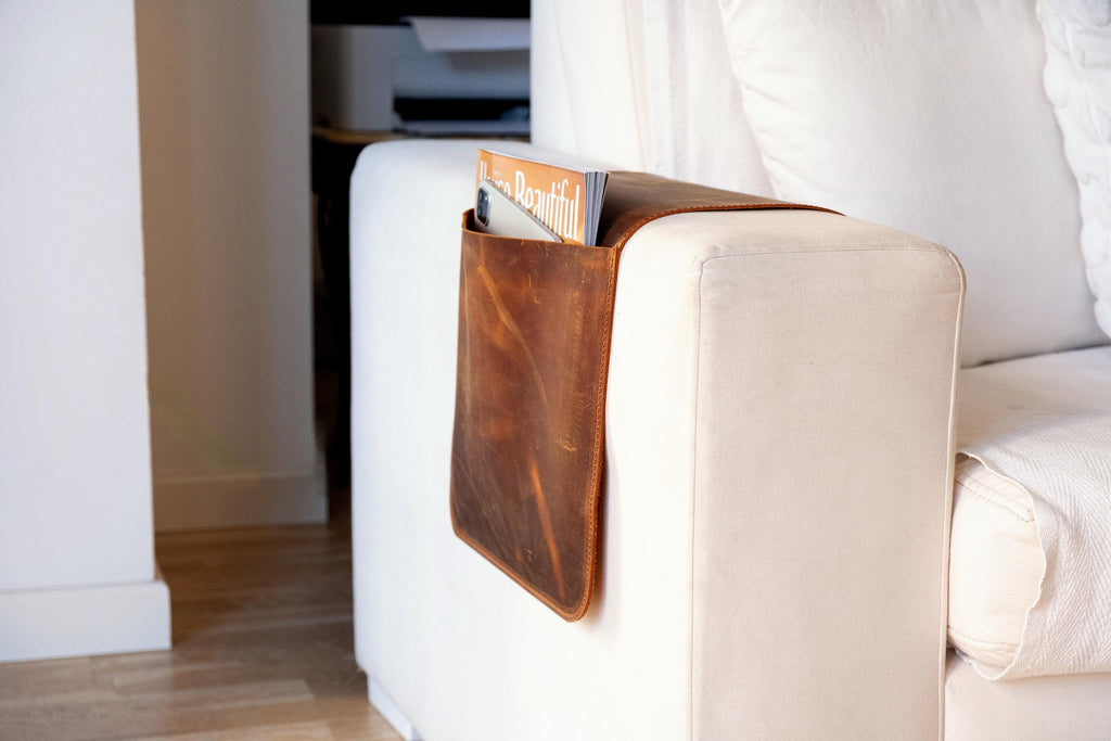 Leather Sofa Armrest Organizer: Handmade Couch Caddy for Laptop, Magazines, Tablets, Remote Controls