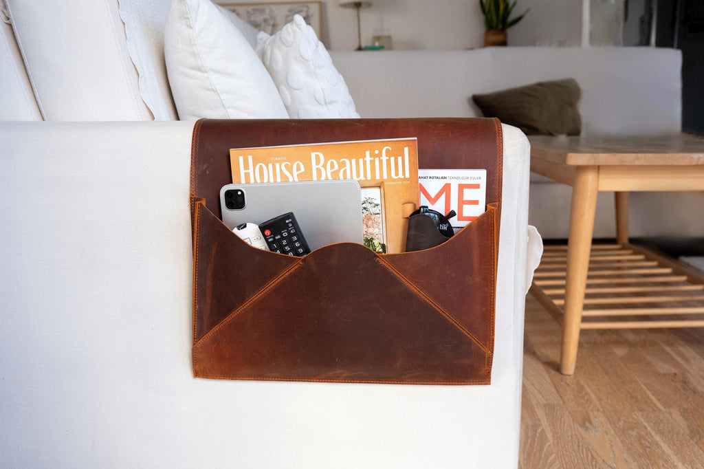 Leather Sofa Armrest Organizer: Handmade Couch Caddy for Laptop, Magazines, Tablets, Remote Controls