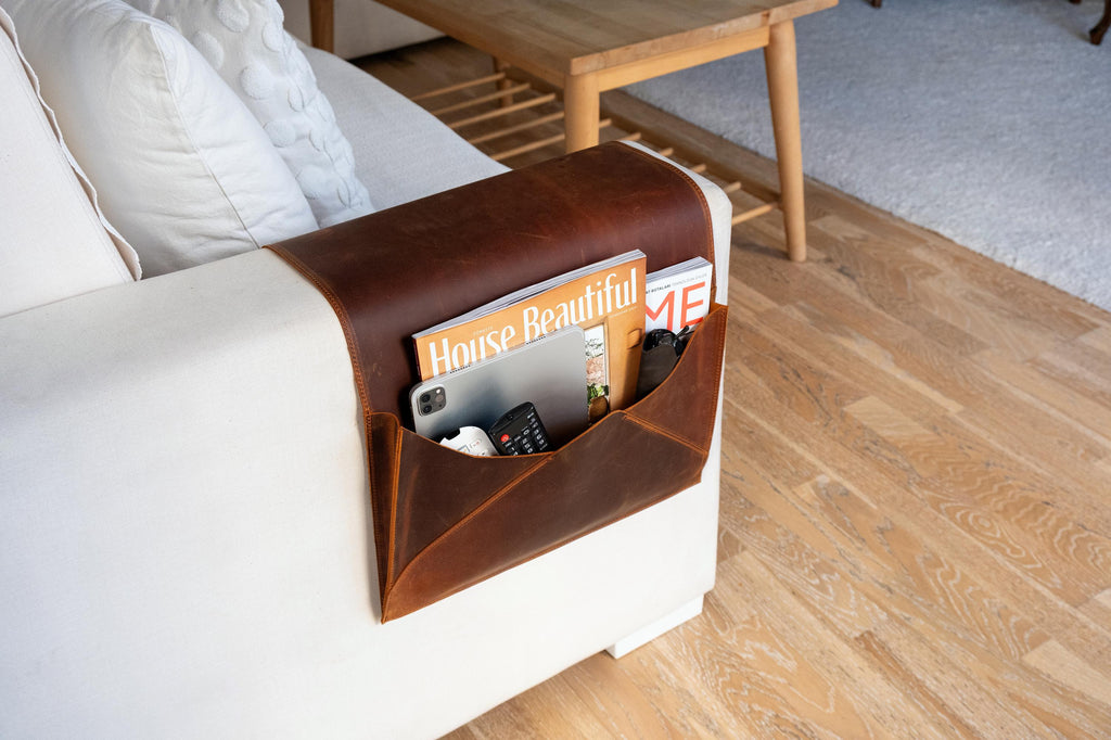 Leather Sofa Armrest Organizer: Handmade Couch Caddy for Laptop, Magazines, Tablets, Remote Controls