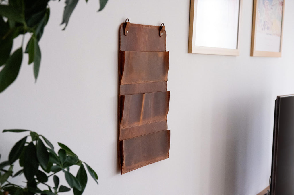Distressed Leather Wall Organizer, Handmade Wall Rack For Cafe & Restaurants, Leather Rack For Home and Office Storage