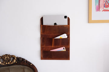 Distressed Leather Wall Organizer, Handmade Wall Caddy for Phone, Book, Magazines, Tablet, Remote Controls, Home & Office Storage Organizer