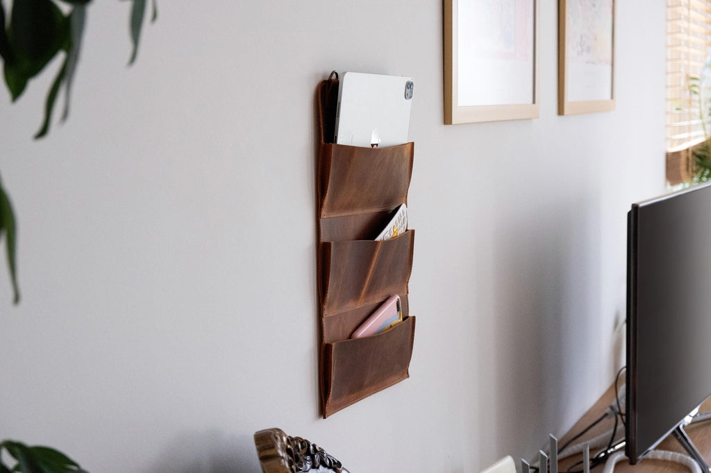 Distressed Leather Wall Organizer, Handmade Wall Rack For Home, Cafe & Office Storage, 4-Pocket Wall Rack