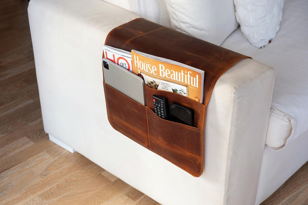 Handmade Leather Sofa Armrest Organizer: Couch Caddy with Pockets
