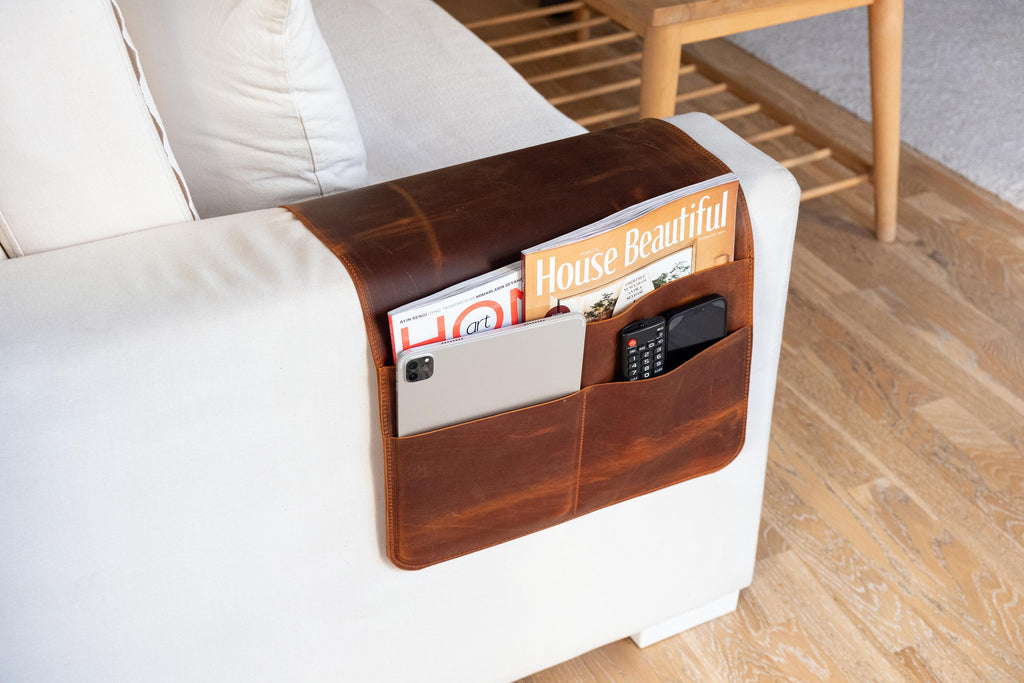 Handmade Leather Sofa Armrest Organizer: Couch Caddy with Pockets