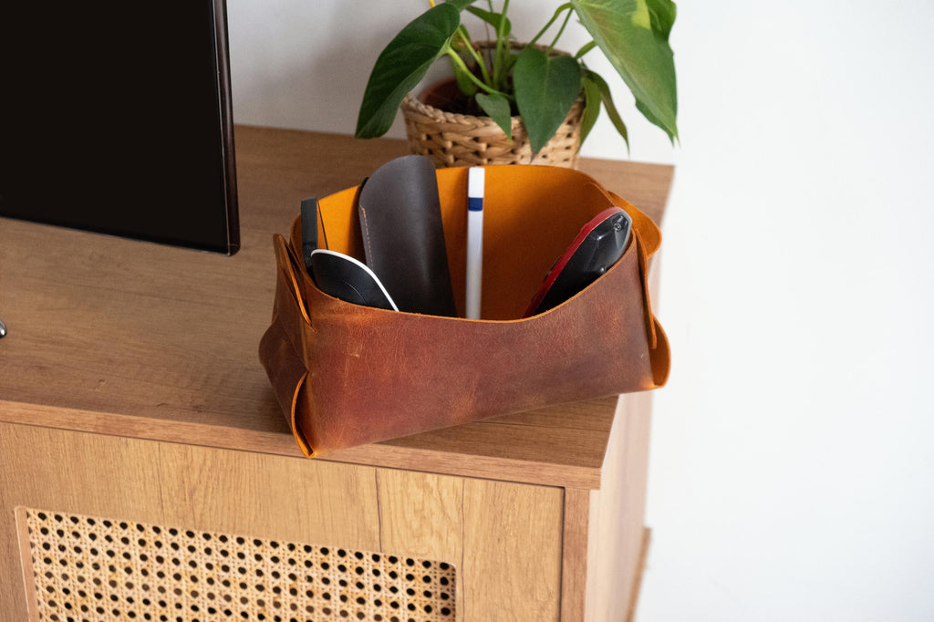 Leather Storage Basket Set of 6: Handmade Organizer Bin Set