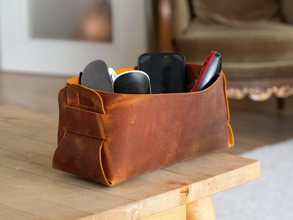 Leather Mini Storage Basket: Handmade Boho Organizer Bin