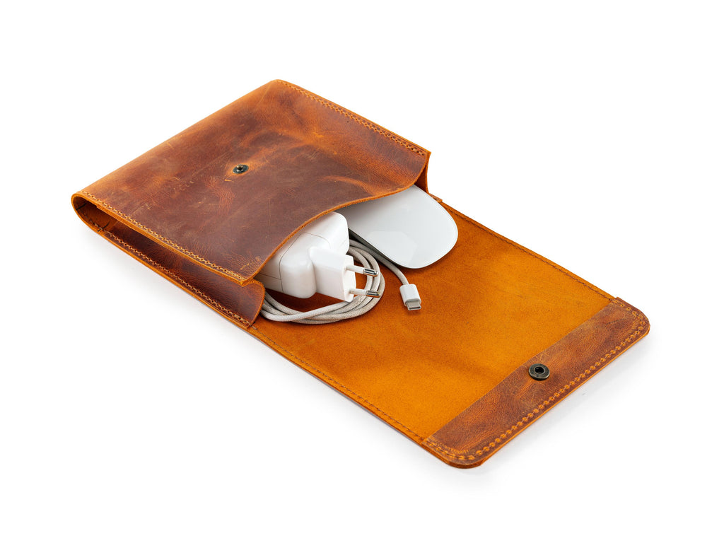 Leather Laptop Charger Organizer, Handmade MacBook Cable & Mouse Case, Leather Cord Case, Cable Bag for Laptop Accessories